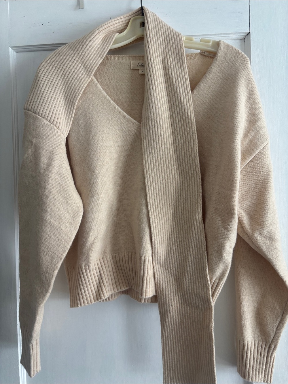 Elan Cream V-Neck Sweater with Attached Ribbed Scarf